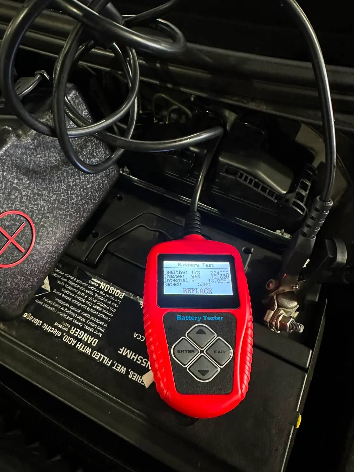 Digital battery tester connected to the vehicle battery showing 17% battery health, 96% charge level, 224 CCA measured against a rated 530 CCA, with a “REPLACE” result.