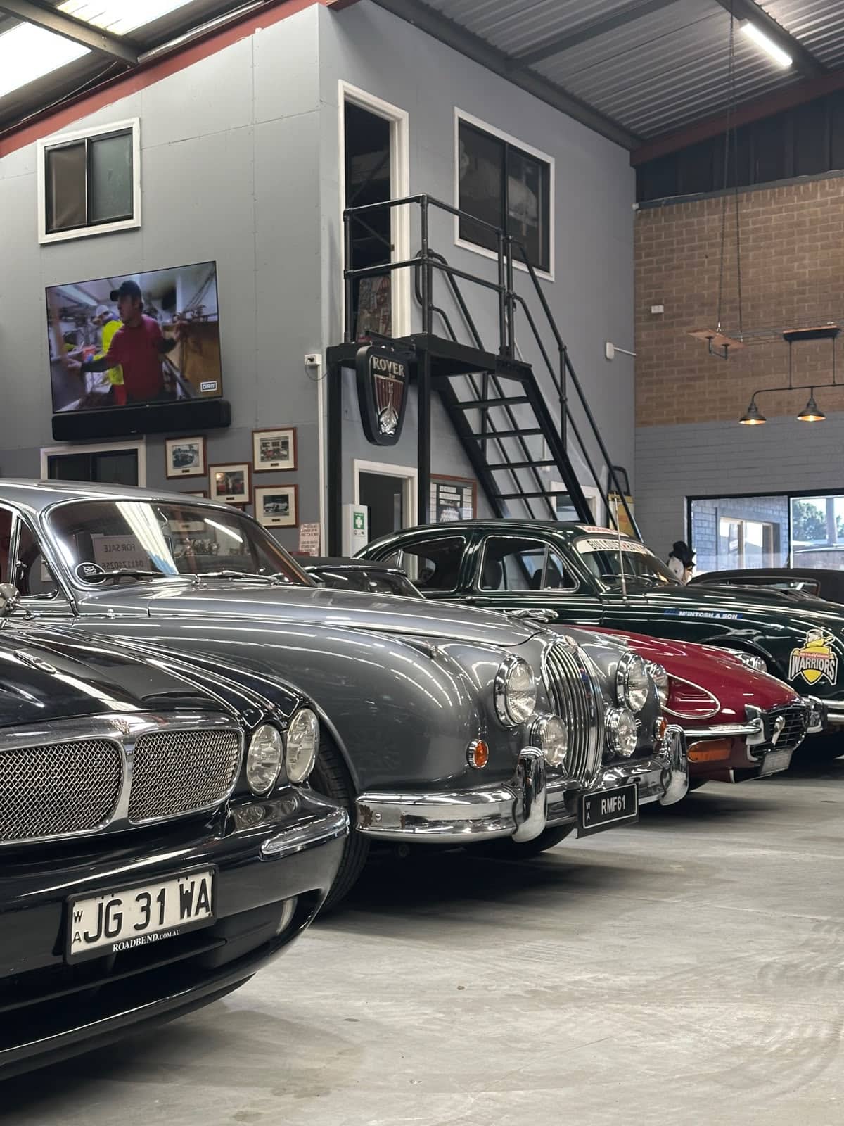 A row of classic Jaguars and a Daimler inside a collector car showroom